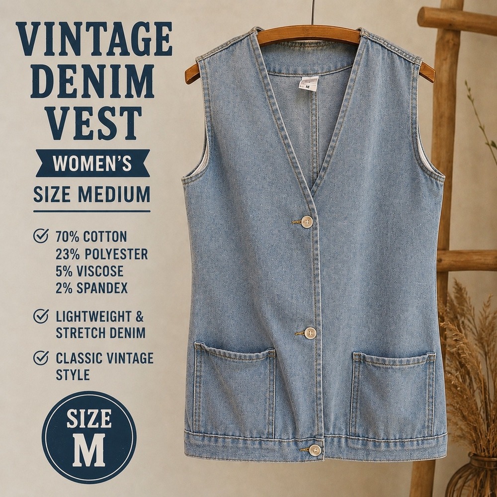 Vintage Style Women Blue Denim Vest Light Wash Stretch Button Front Medium - Picture 1 of 8